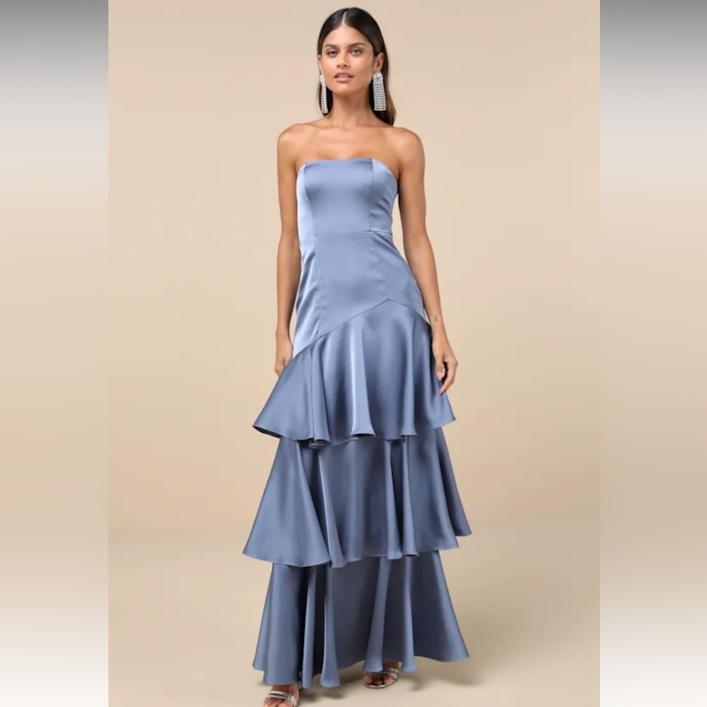 Blissfully Beautiful Slate Satin Strapless Tiered Maxi Dress
